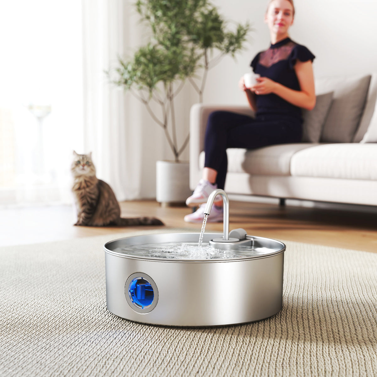 PawHut Katzenbrunnen 7L mit LED-Licht und Dreifachfiltration, aus Edelstahl 304, 30,5x31,2x19,3 cm, Silber