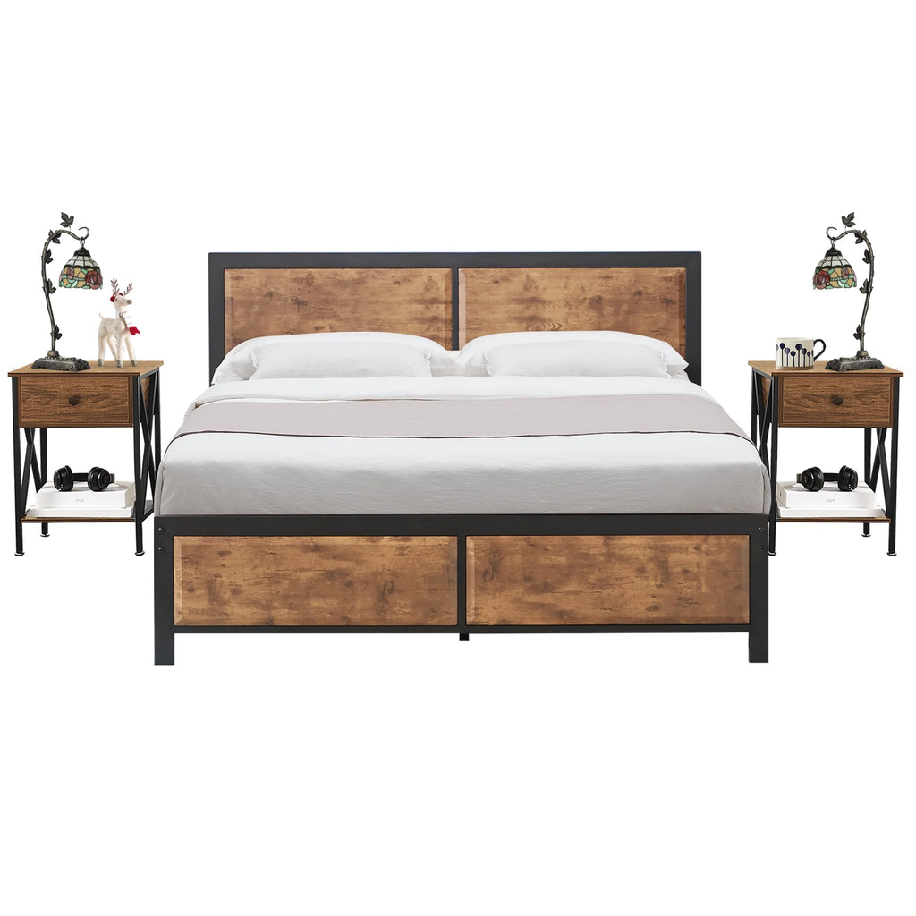 VECELO 3 - Piece Bedroom Set with Twin Size Bed Frame and 1 - Drawer Black Nightstands