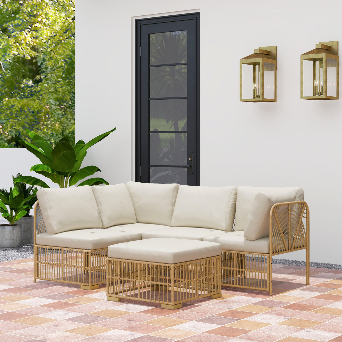 Outsunny 5-teiliges Gartenmöbelset, 2 Eckstühle, 2 Mittelstühle, Fußhocker, Sitzkissen, Rückenkissen, Hellbraun+Cremeweiß