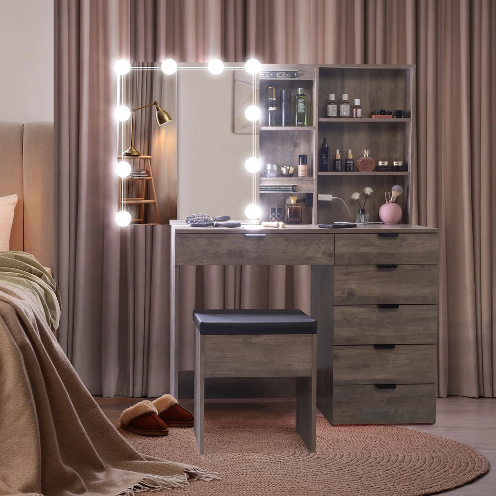 Ktaxon Vanity Set with 3 Color Lighted Mirror & Charging Station, Makeup Table with 3 Storage Shelves & Drawers, Dressing Table Makeup Desk with Stool, Retro Gray
