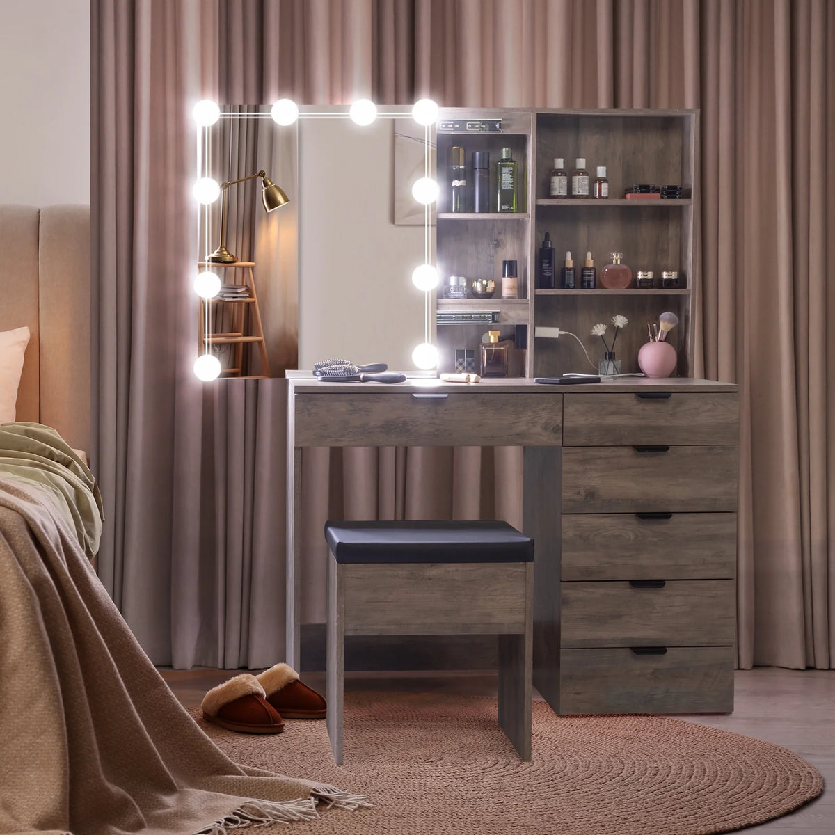 Ktaxon Vanity Set with 3 Color Lighted Mirror & Charging Station, Makeup Table with 3 Storage Shelves & Drawers, Dressing Table Makeup Desk with Stool, Retro Gray