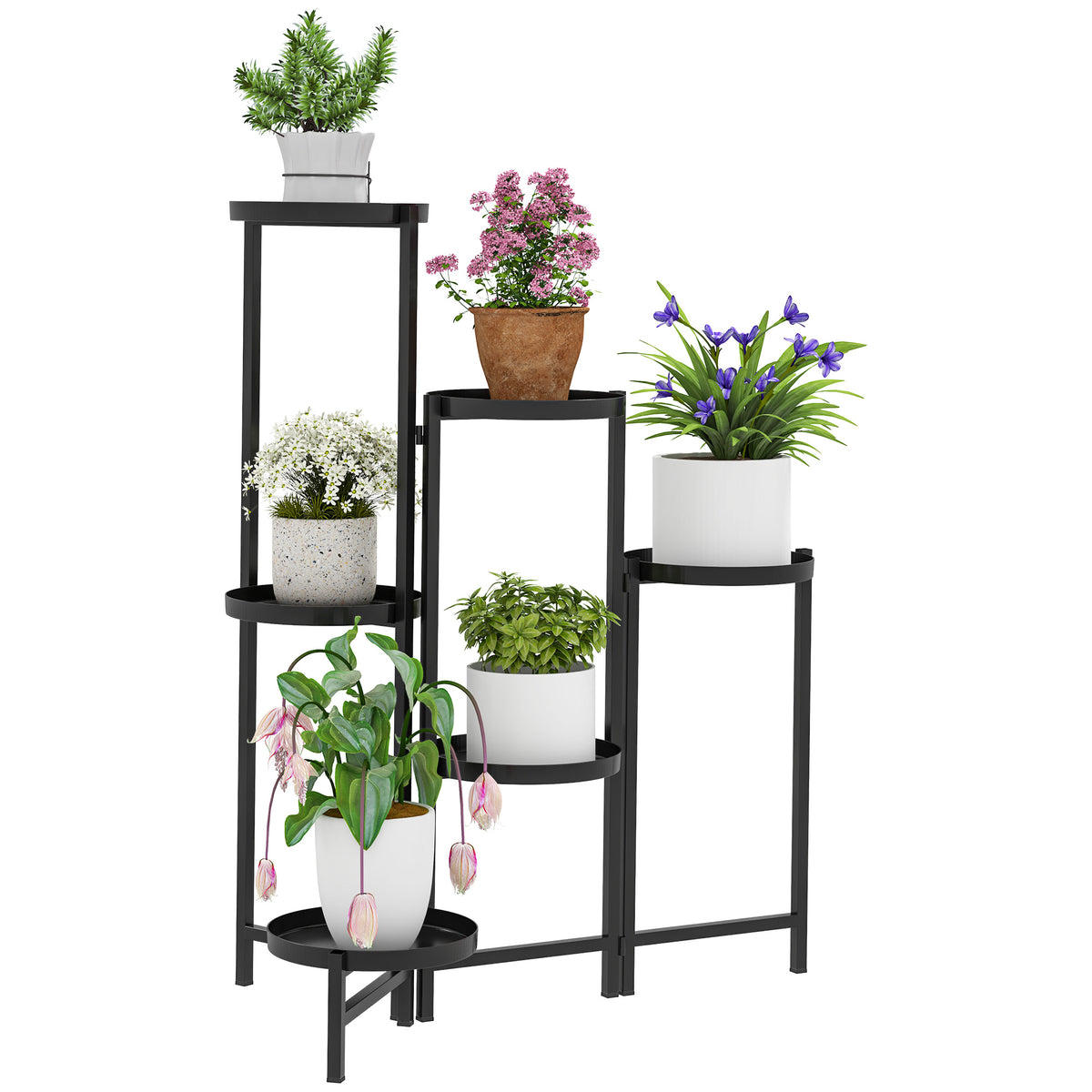 Outsunny Blumentopfständer, Pflanzenständer mit 6 verstellbaren runden Ebenen, Eckständer für Pflanzentöpfe, Metall, Schwarz