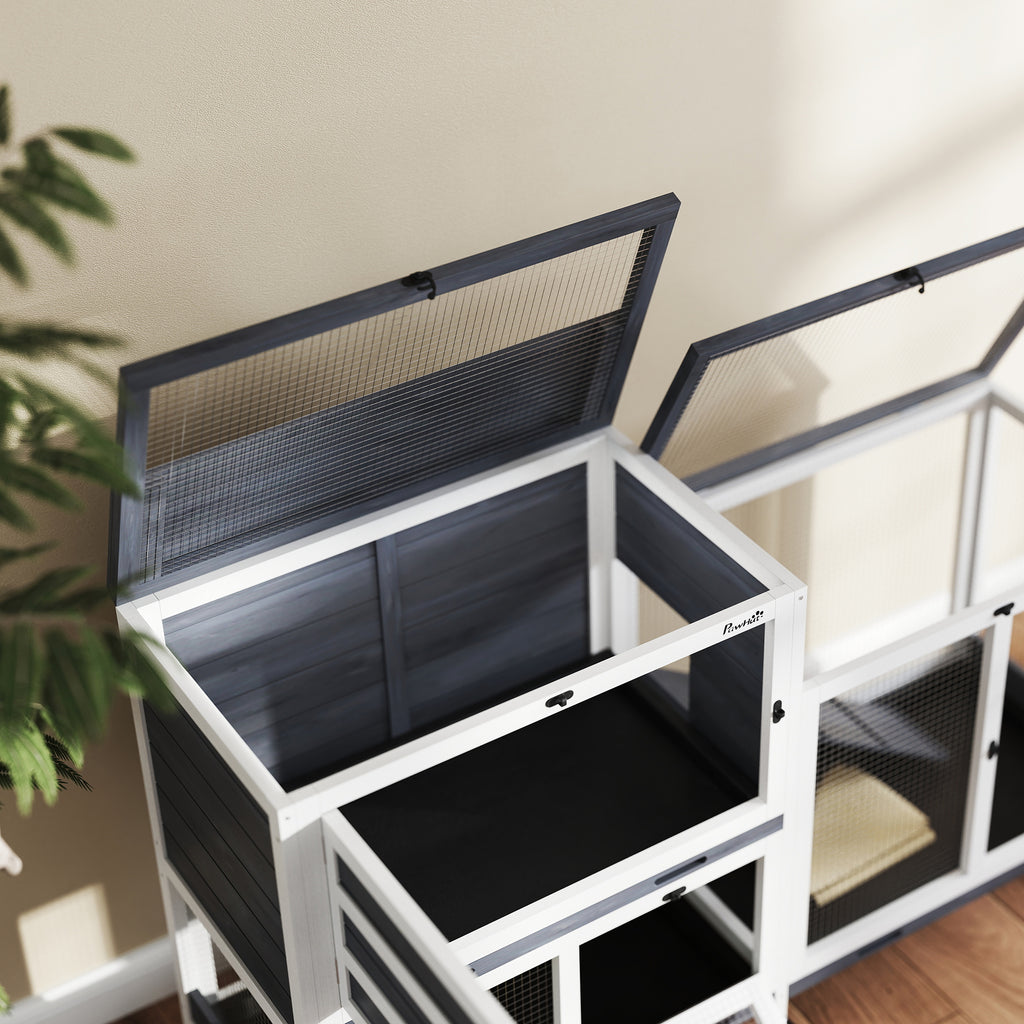 PawHut Kaninchenstall aus Massivholz 2 Etagen mit Rollen, 3 Tabletts, für 2-3 Kaninchen, 147 x 45 x 89,5cm, Grau