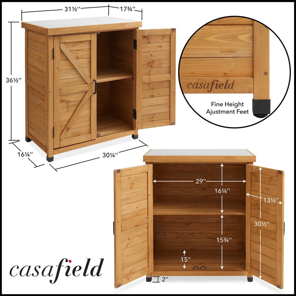 Outdoor Storage Cabinet and Potting Bench with Metal Tabletop and Storage Cabinet - Wooden Outdoor Garden Patio Workstation Table, Gray