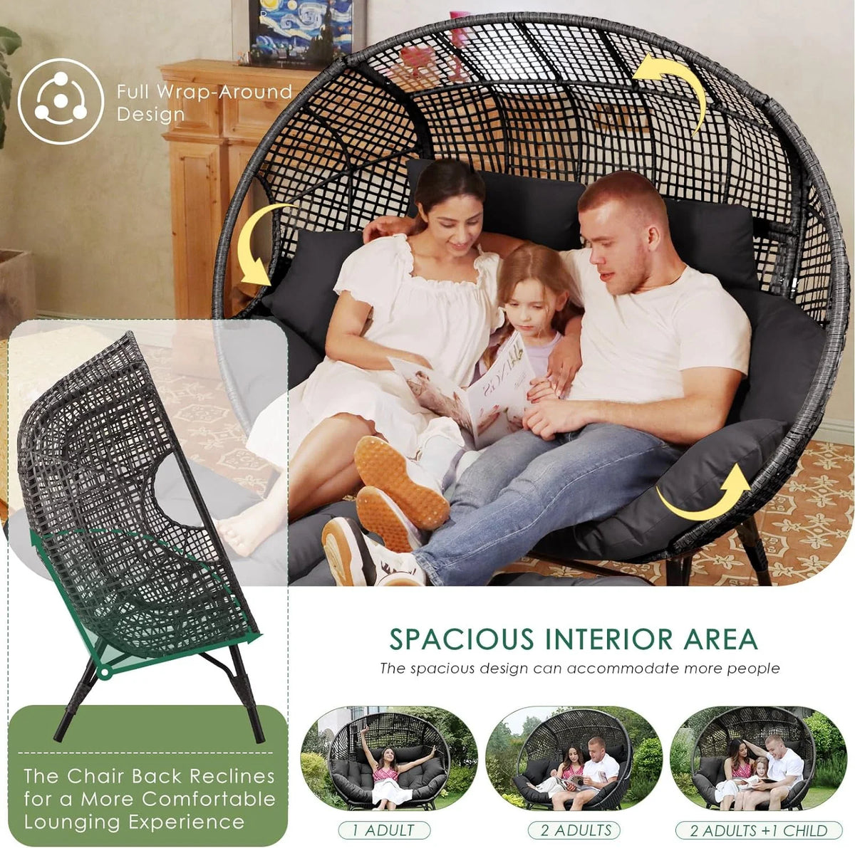 RADIATA 440 lb Outdoor Egg Chair with Foot Rest & Ottoman, Wicker Patio Egg Chair for Indoor or Garden, Beige