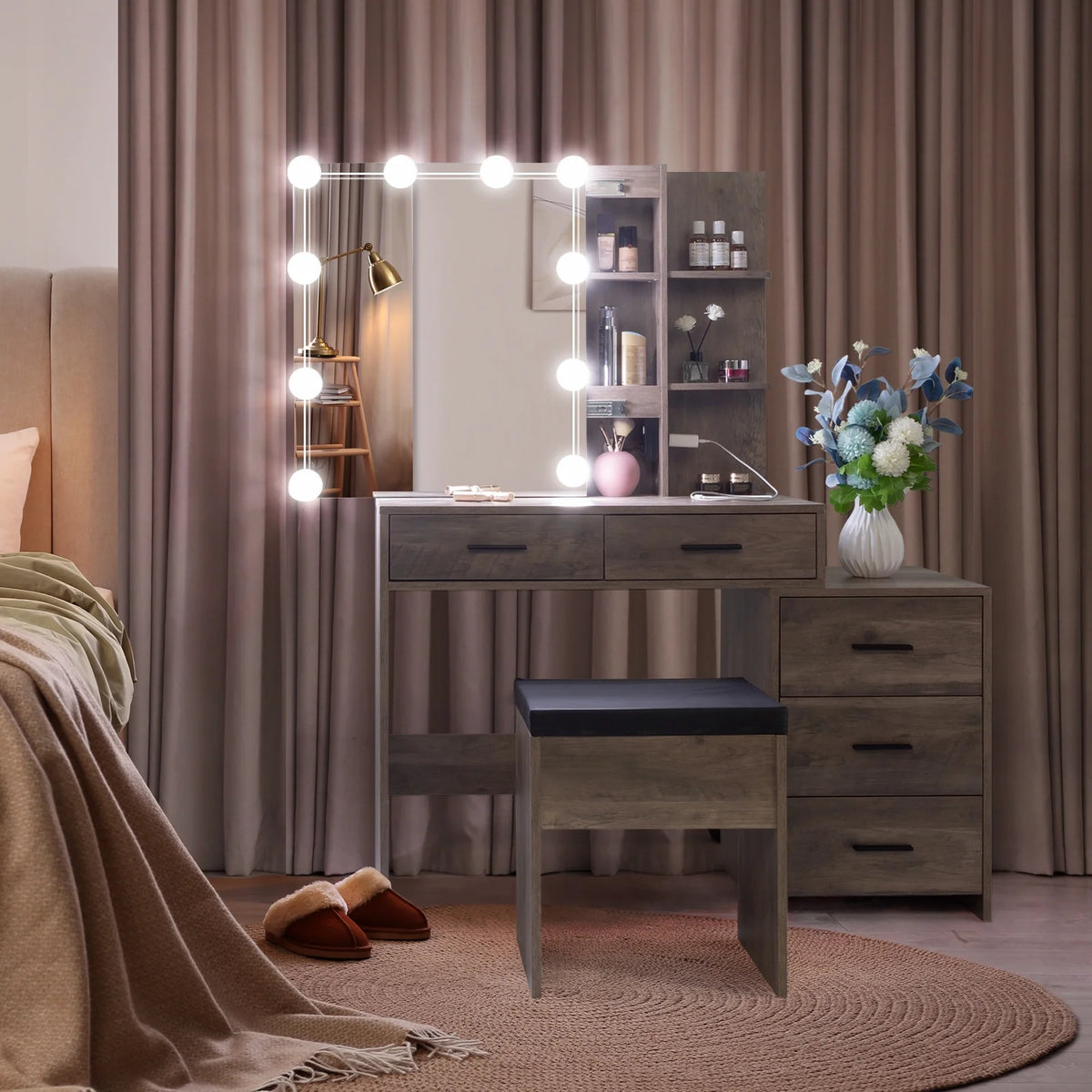 Ktaxon Vanity Set with 3 Color Lighted Mirror & Charging Station, Makeup Table with 3 Storage Shelves & Drawers, Dressing Table Makeup Desk with Stool, Retro Gray