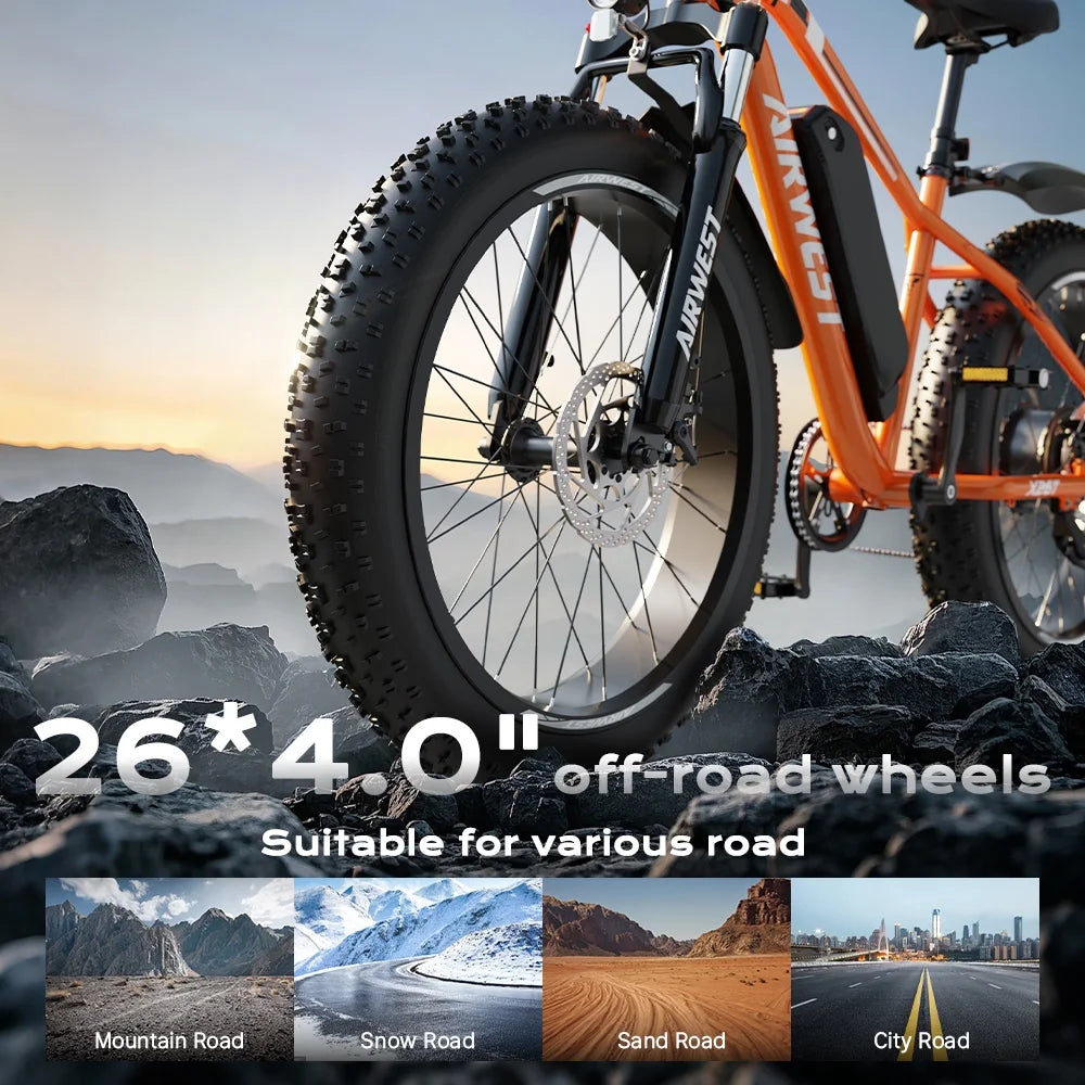 AIRWEST Electric Bike for Adults, Peak 750W Ebikes for Men Women26" Fat Tire Electric Bicycle with 48V 624wh Removable Battery25mph 60miles 7 Speed, Front Suspension Electric Mountain Bike