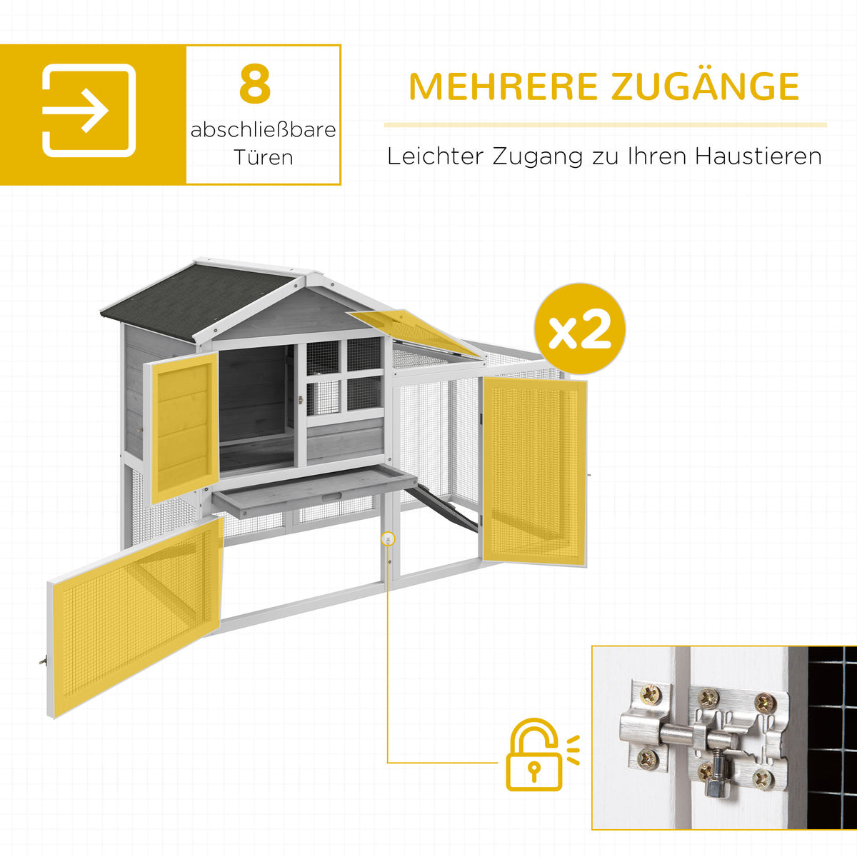 PawHut Kleintierstall, Kaninchenstall, Außengehege, Stall, Rampe, ausziehbare Bodenwannen, Weiß + Grau