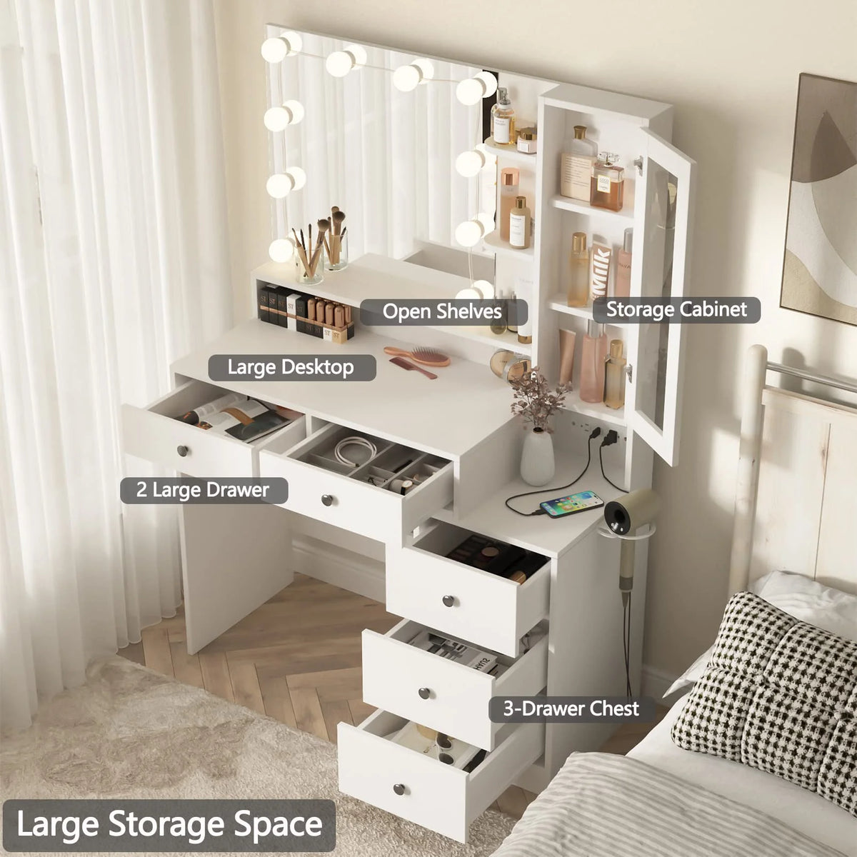 VEANERWOOD Makeup Vanity Desk with Lighted Mirror and Power Strip, Modern Vanity Table with 5 Drawers, White