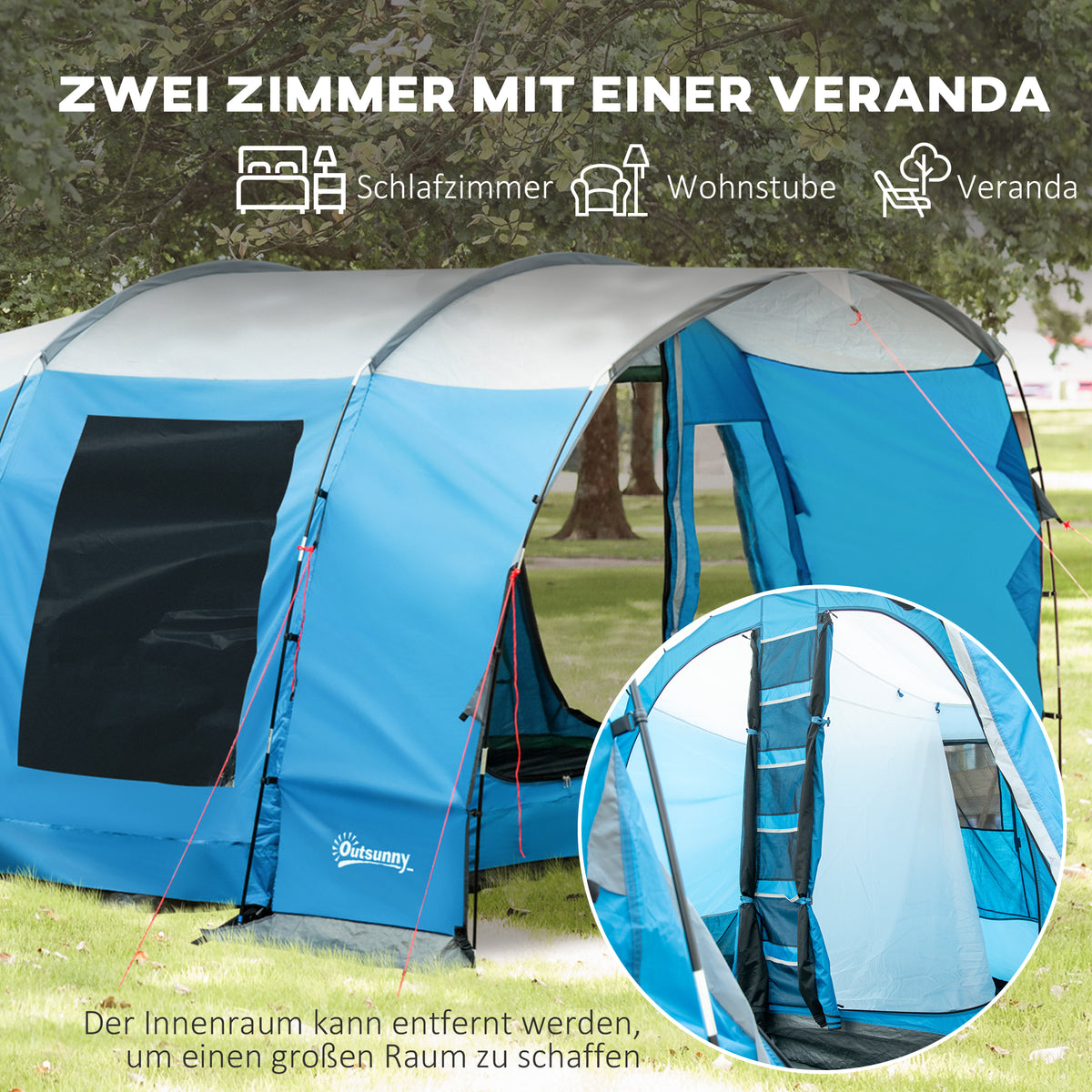 HOMCOM Campingzelt für 5 Personen, 2 Räume, abnehmbare Trennwand, wetterbeständig, inkl. Transporttasche, Blau + Schwarz