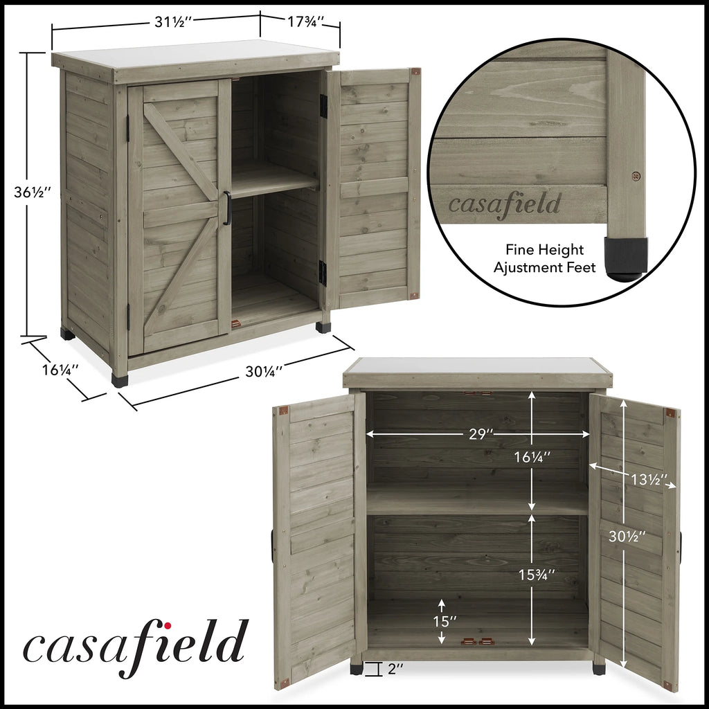 Outdoor Storage Cabinet and Potting Bench with Metal Tabletop and Storage Cabinet - Wooden Outdoor Garden Patio Workstation Table, Gray