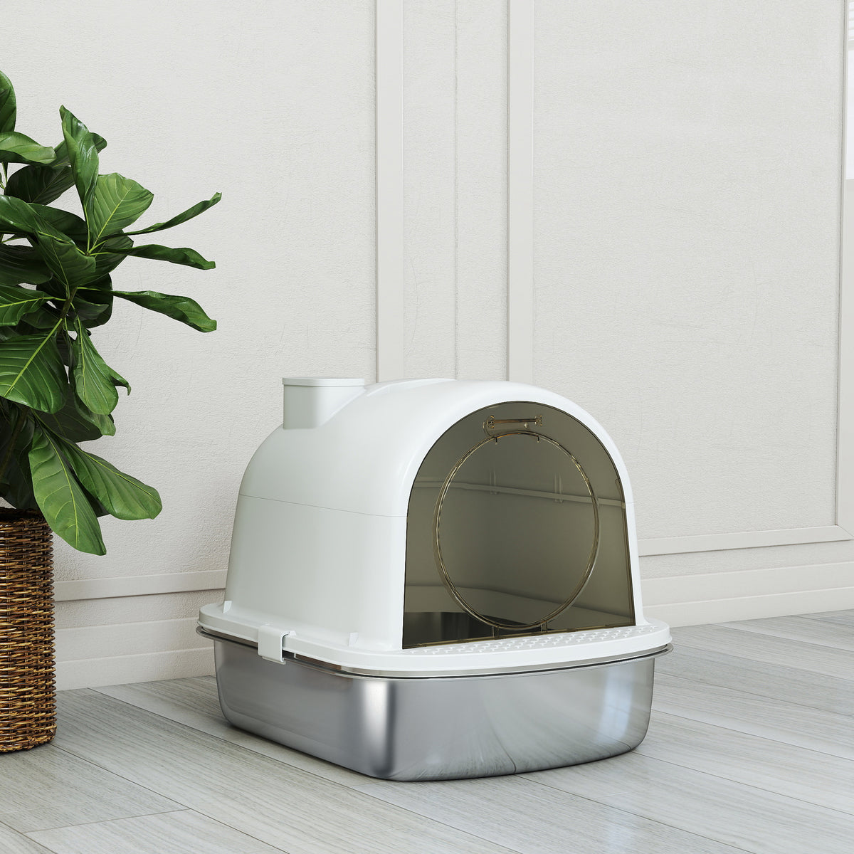 PawHut Katzentoilette geschlossenes Edelstahlkatzentoilette, einfache Reinigung, 52,4 x 41,3 x 39,9 cm, weiß