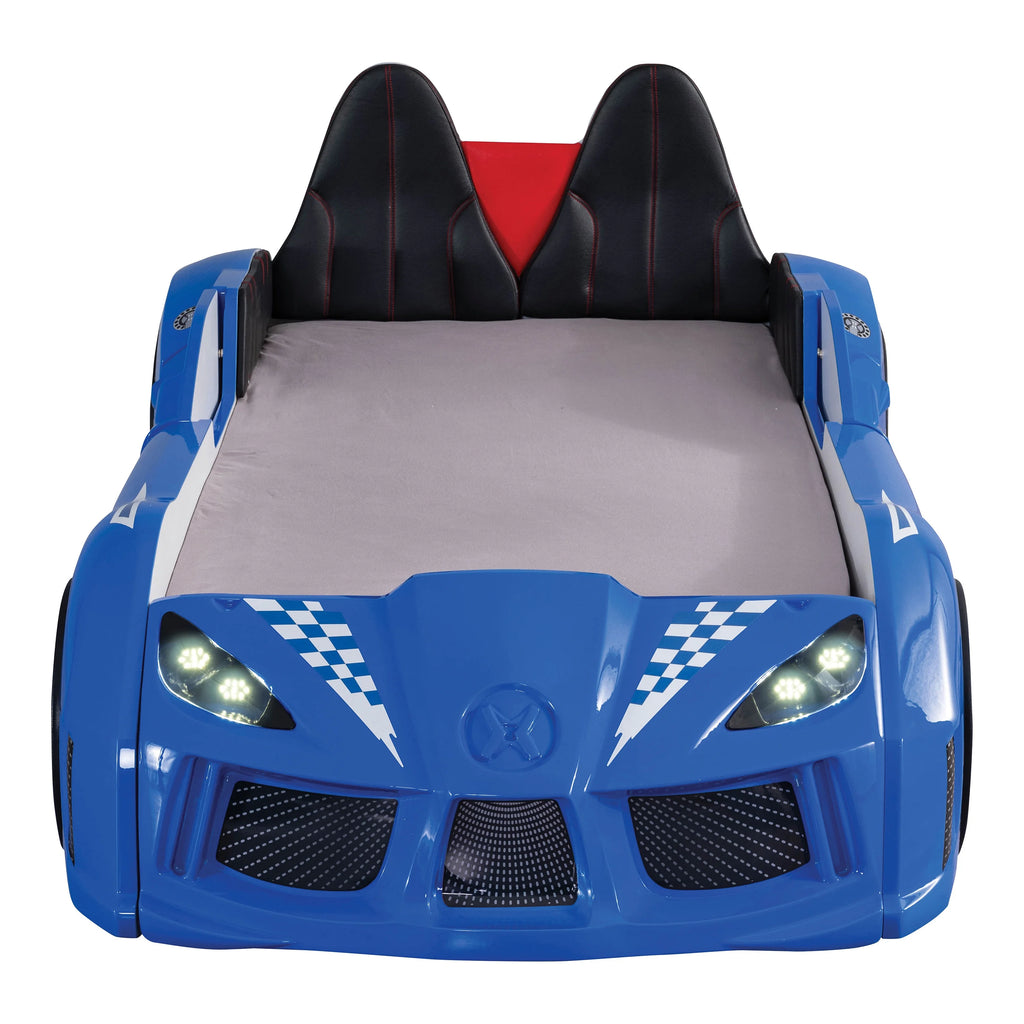 Furniture of America Dash Kids Plastic Twin Race Car Bed with LED and Sound, White