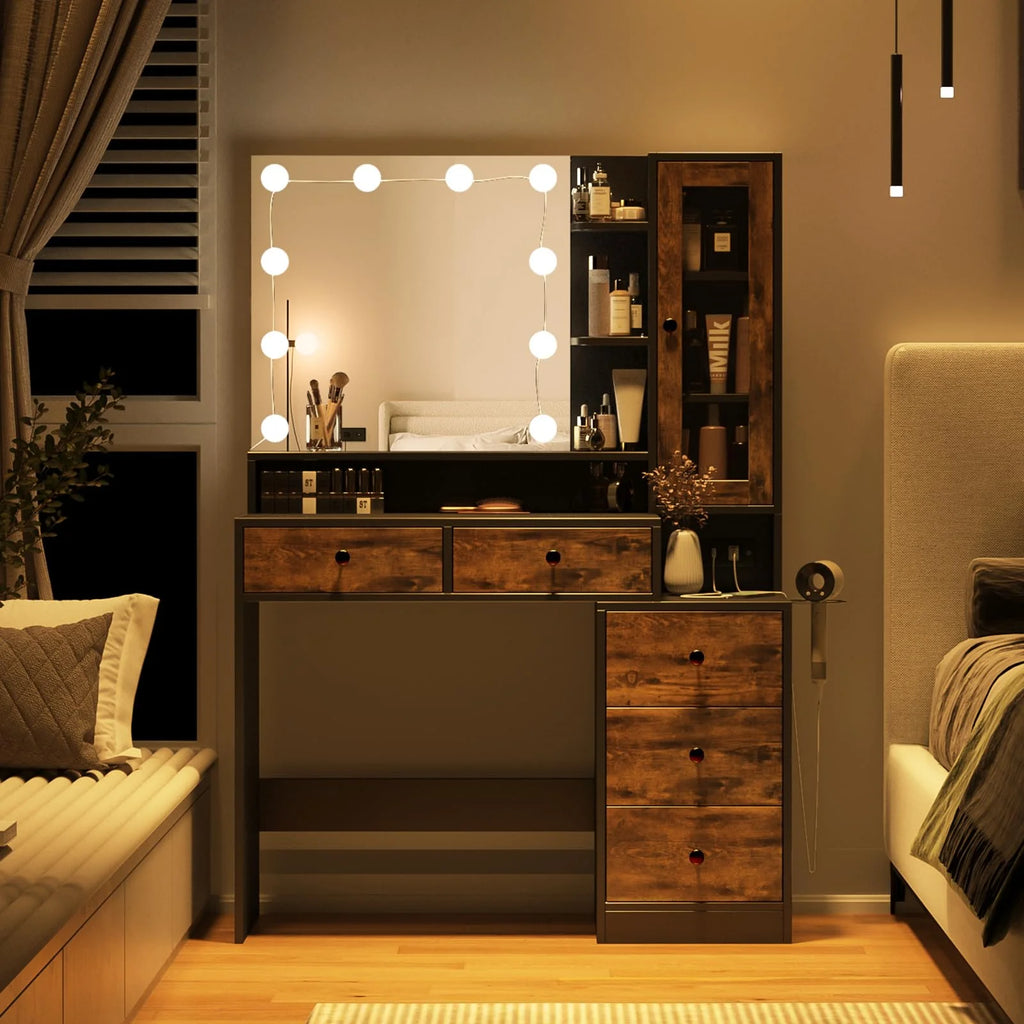 VEANERWOOD Makeup Vanity Desk with Lighted Mirror and Power Strip, Modern Vanity Table with 5 Drawers, White