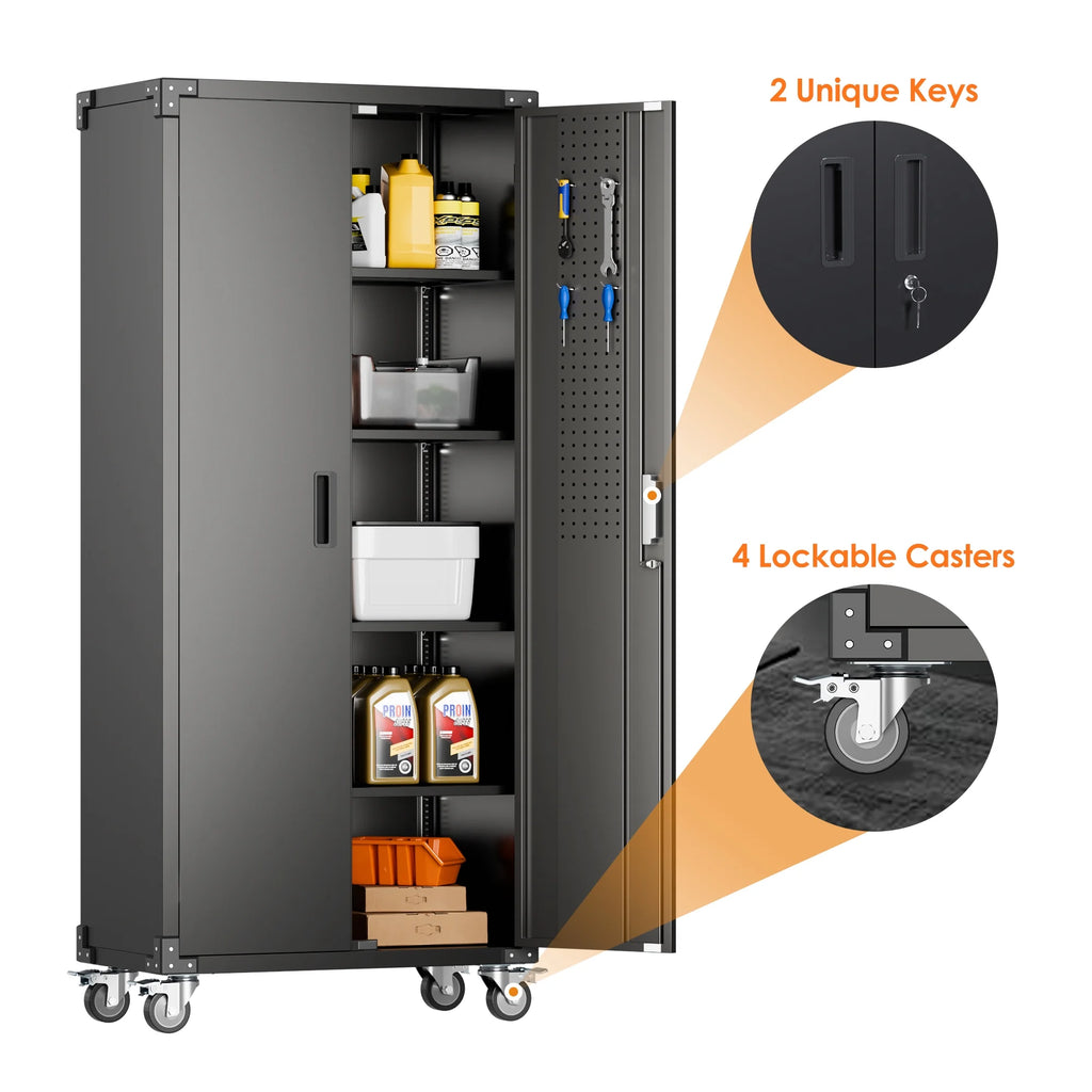 Aobabo Metal Storage Cabinet with Lock, Garage Storage Cabinet with Wheels, 72in Steel Storage Cabinet for Garage Home Storage, Black Required - Assembly