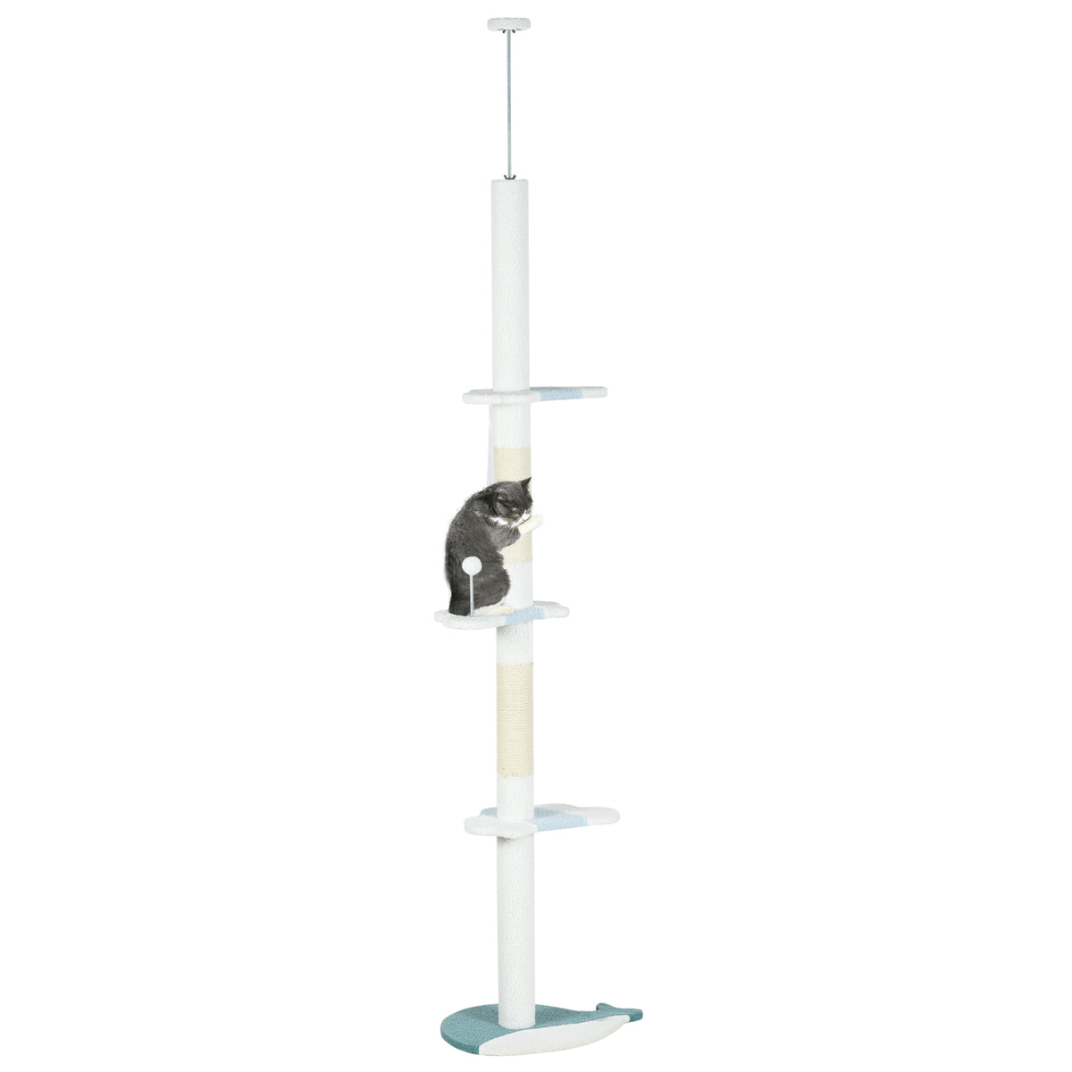 PawHut Katzenbaum an der Decke mit Höhenverstellbarem Pfosten von 225-255 cm, Ball und Plattformen, Weiß