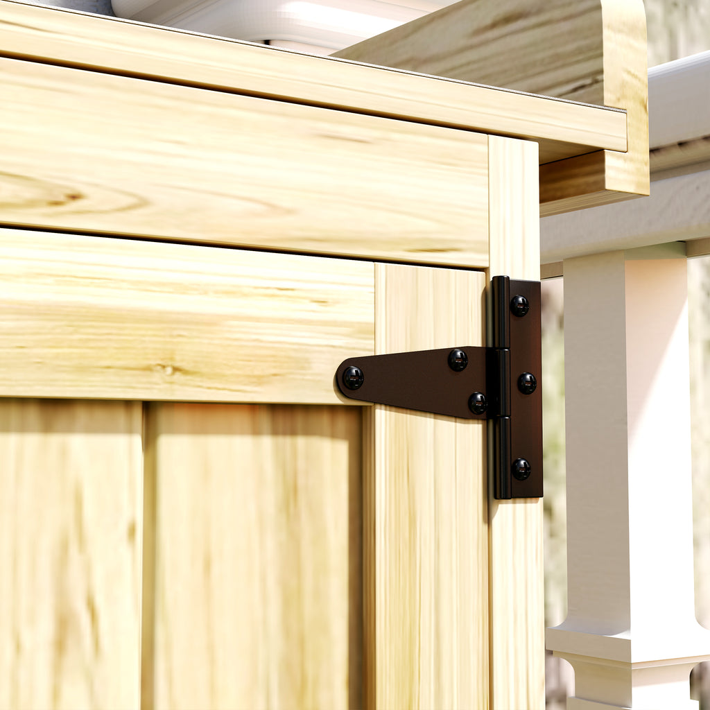 Outsunny Gartenschrank, Werkzeugschrank für den Außenbereich, mit Arbeitsfläche, Holz und Edelstahl, Doppeltüren, Naturholz