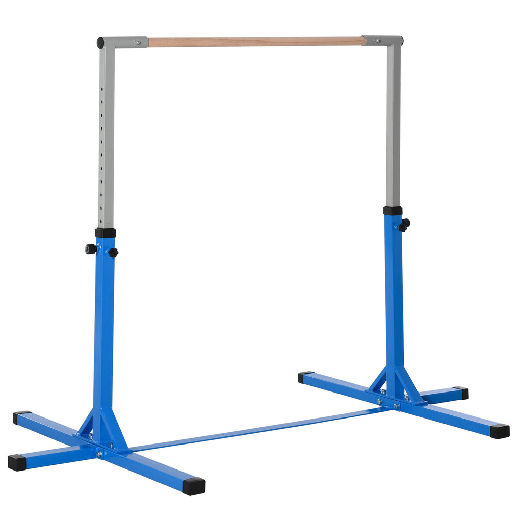 HOMCOM Gymnastik-Turnreck, 13-stufig höhenverstellbar Reckstange, Reck Turnstange aus Holz & stabile Stahlkonstruktion bis 75 kg belastbar, für 3+ Kinder, Indoor, Outdoor, Blau