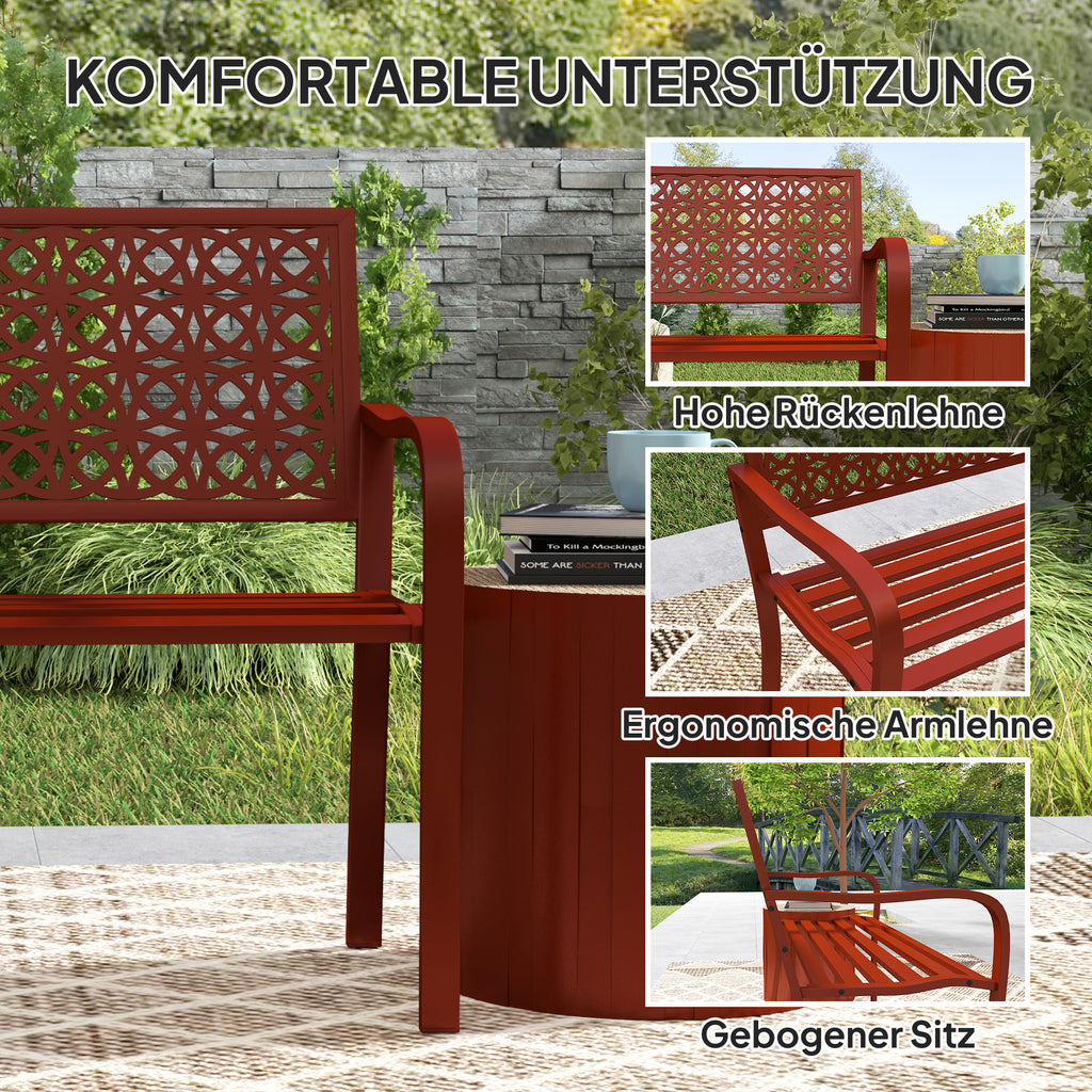 Outsunny Außenbank, Gartenbank aus Stahl, Ausgeschnittene Rückenlehne, Armlehnen, für 2 Personen, Rot