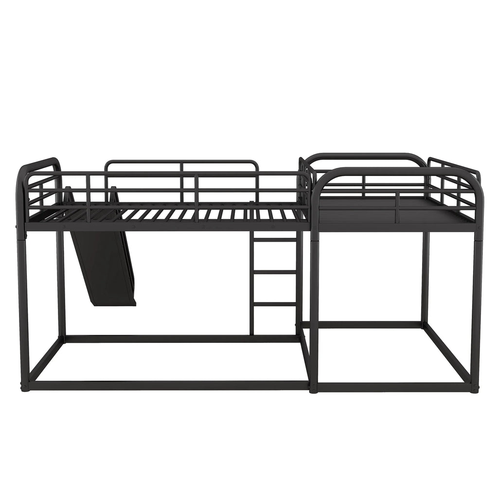 Full and Twin Size L - Shaped Quadruple Metal Bunk Bed with Slide for Kids, Black