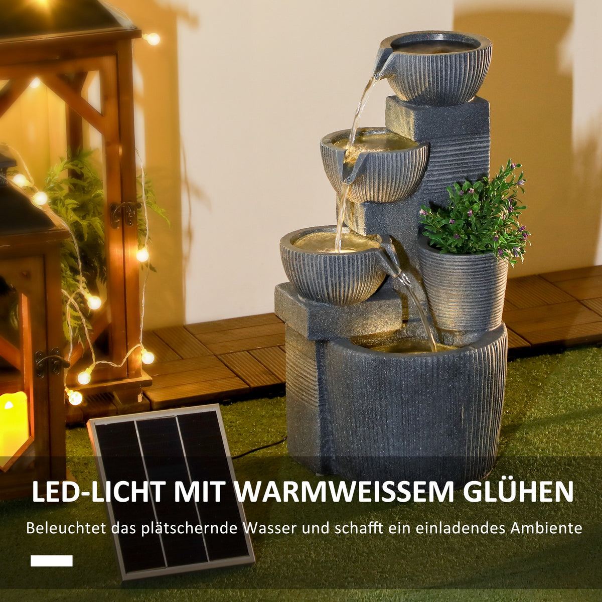 Outsunny Gartenbrunnen, Naturoptik, 4-stufig, Solarbetrieb, LEDs, 57cm Höhe, Dunkelgrau