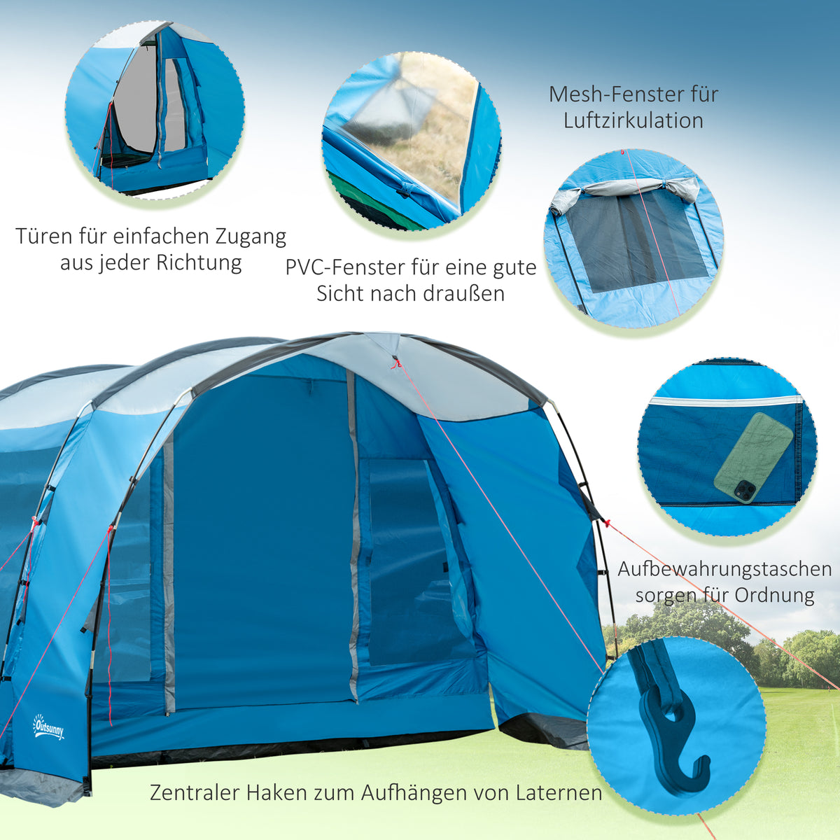HOMCOM Campingzelt für 5 Personen, 2 Räume, abnehmbare Trennwand, wetterbeständig, inkl. Transporttasche, Blau + Schwarz