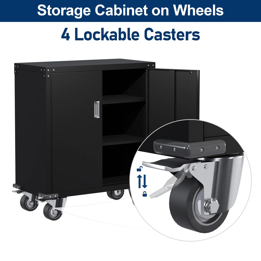 Aobabo Metal Storage Cabinet with Lock, Garage Storage Cabinet with Wheels, 72in Steel Storage Cabinet for Garage Home Storage, Black Required - Assembly