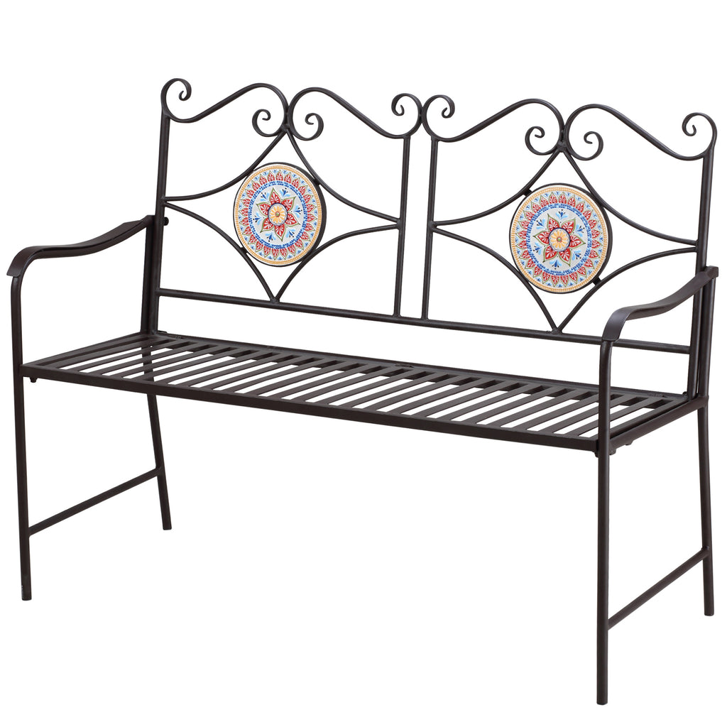 Outsunny Gartenbank im Vintage-Design, 2 Sitzer, wetterbeständig, mit Mosaiksteinen, 121 cm x 52 cm x 93 cm, Mehrfarbig