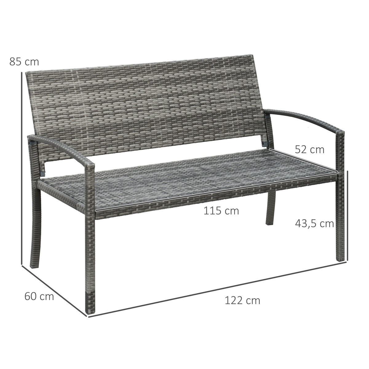 Outsunny Gartenbank, in Rattanoptik, mit Stahlrahmen, für 2 Personen, Braun, 122 x 60 x 87cm