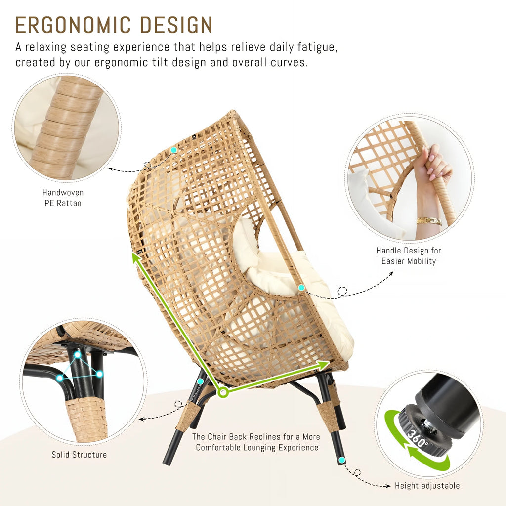 RADIATA 440 lb Outdoor Egg Chair with Foot Rest & Ottoman, Wicker Patio Egg Chair for Indoor or Garden, Beige