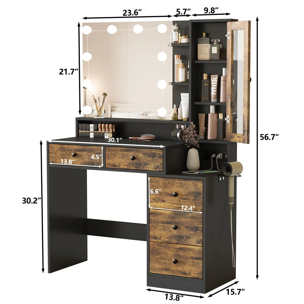 VEANERWOOD Makeup Vanity Desk with Lighted Mirror and Power Strip, Modern Vanity Table with 5 Drawers, White