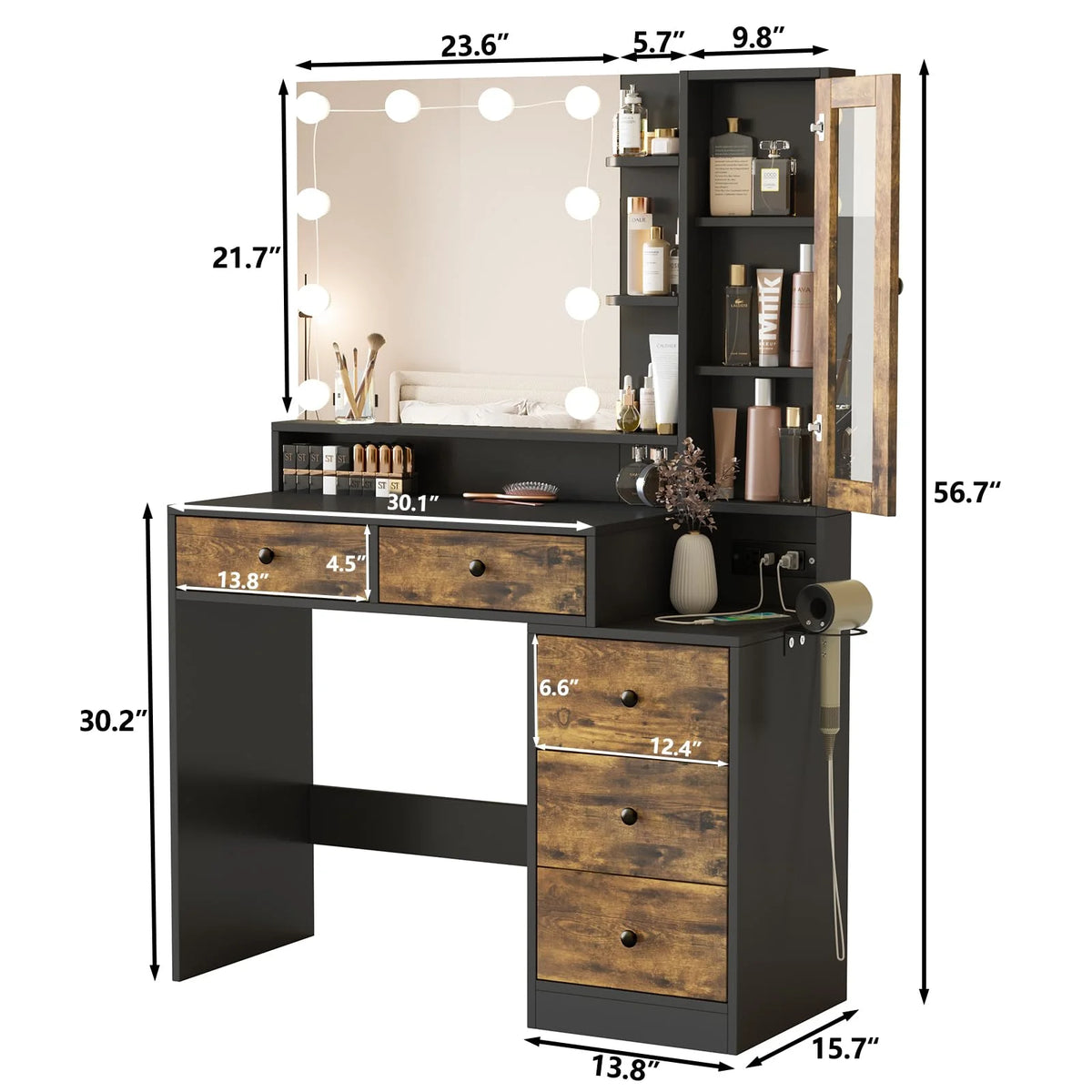 VEANERWOOD Makeup Vanity Desk with Lighted Mirror and Power Strip, Modern Vanity Table with 5 Drawers, White