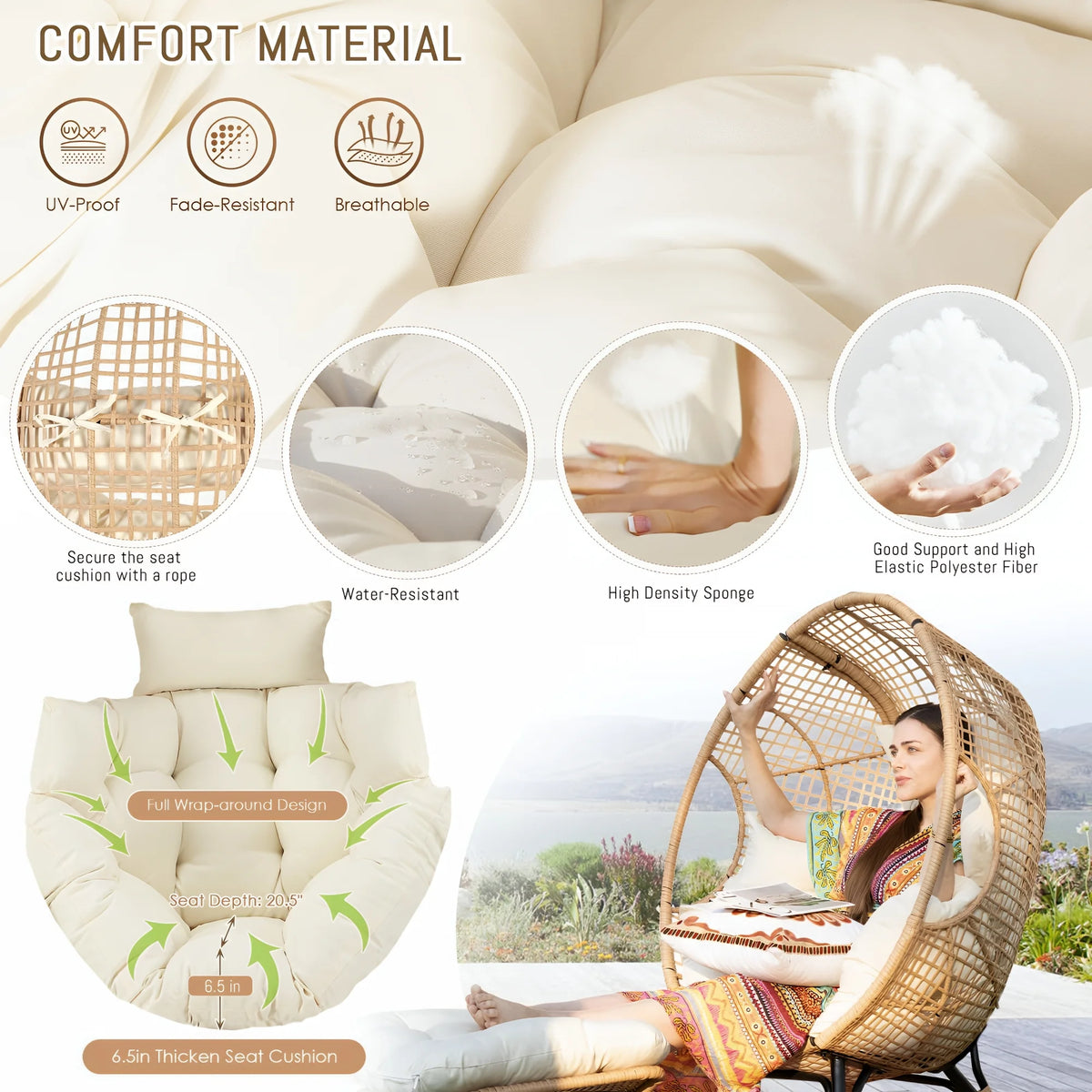 RADIATA 440 lb Outdoor Egg Chair with Foot Rest & Ottoman, Wicker Patio Egg Chair for Indoor or Garden, Beige