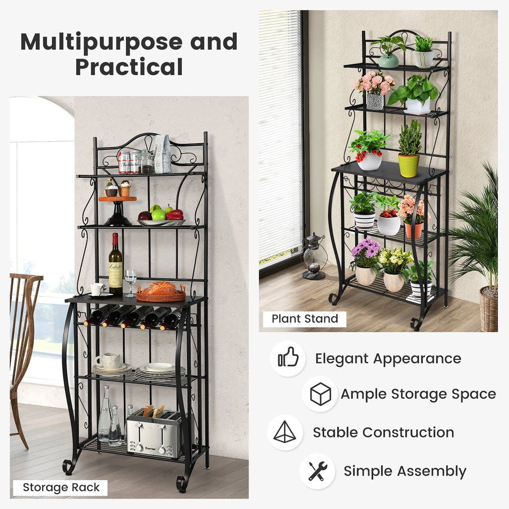 Costway 5 - Tier Metal Kitchen Bakers Rack Microwave Storage Rack Oven Stand with Wine Organizer