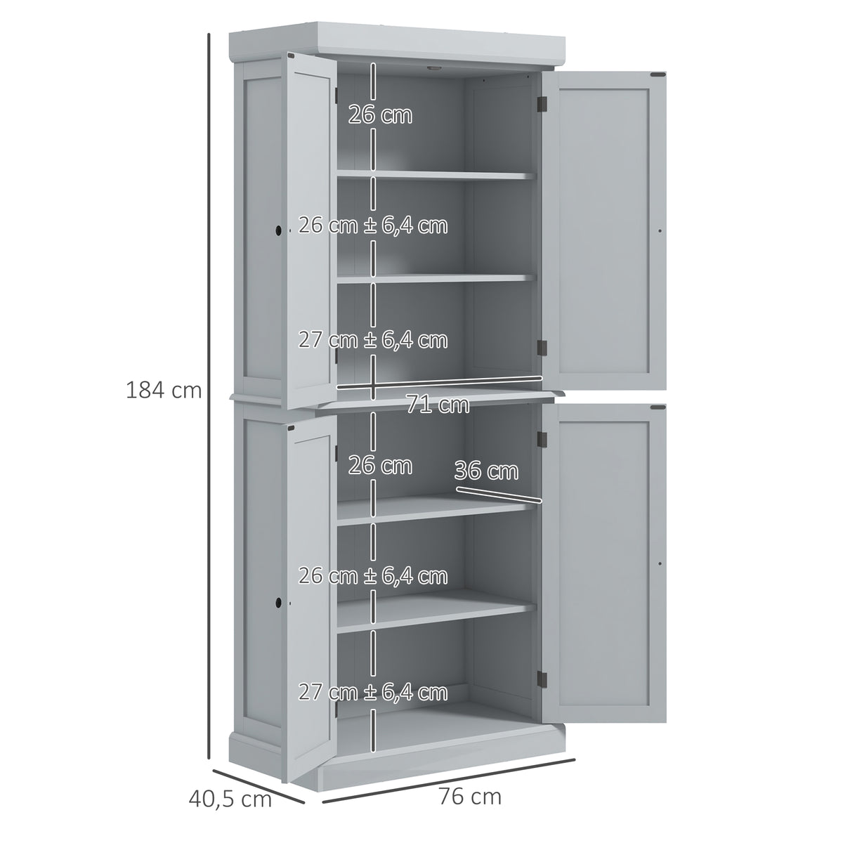 HOMCOM Küchenschrank Buffetschrank moderner Stil mit Schränken, verstellbaren Regalen, 76 x 40,5 x 184 cm, Grau