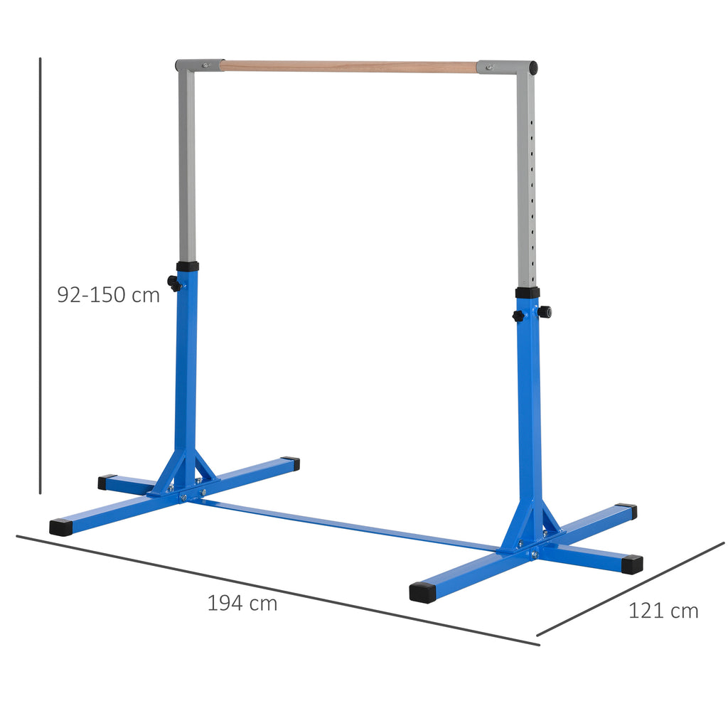 HOMCOM Gymnastik-Turnreck, 13-stufig höhenverstellbar Reckstange, Reck Turnstange aus Holz & stabile Stahlkonstruktion bis 75 kg belastbar, für 3+ Kinder, Indoor, Outdoor, Blau
