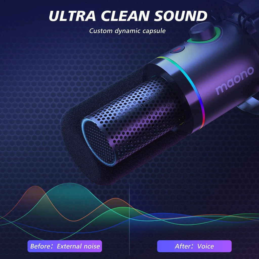 MAONO XLR/USB Dynamic Microphone Kit. RGB Podcast Mic