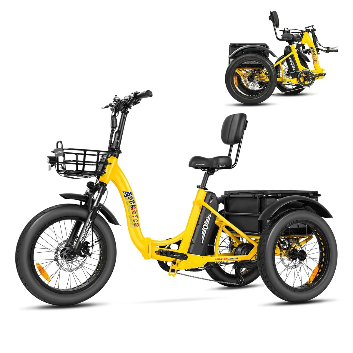 Addmotor Electric Trike, 750W Foldable Electric Tricycle, Folding Electric Trike for Adults, 48V 20ah Removable Battery, 20" Fat Tire Electric Trikes with Rear Speed Differential, M - 330F Yellow