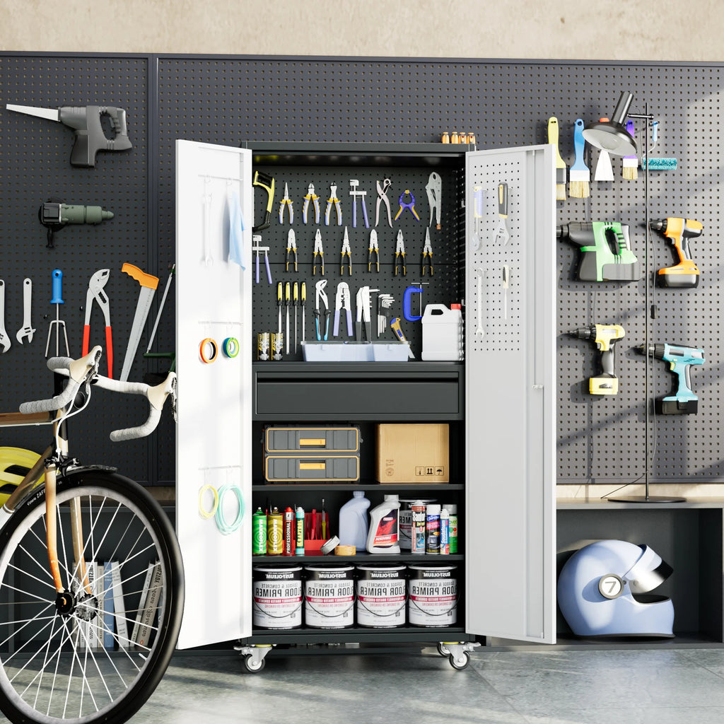 Aobabo Metal Storage Cabinet with Lock, Garage Storage Cabinet with Wheels, 72in Steel Storage Cabinet for Garage Home Storage, Black Required - Assembly