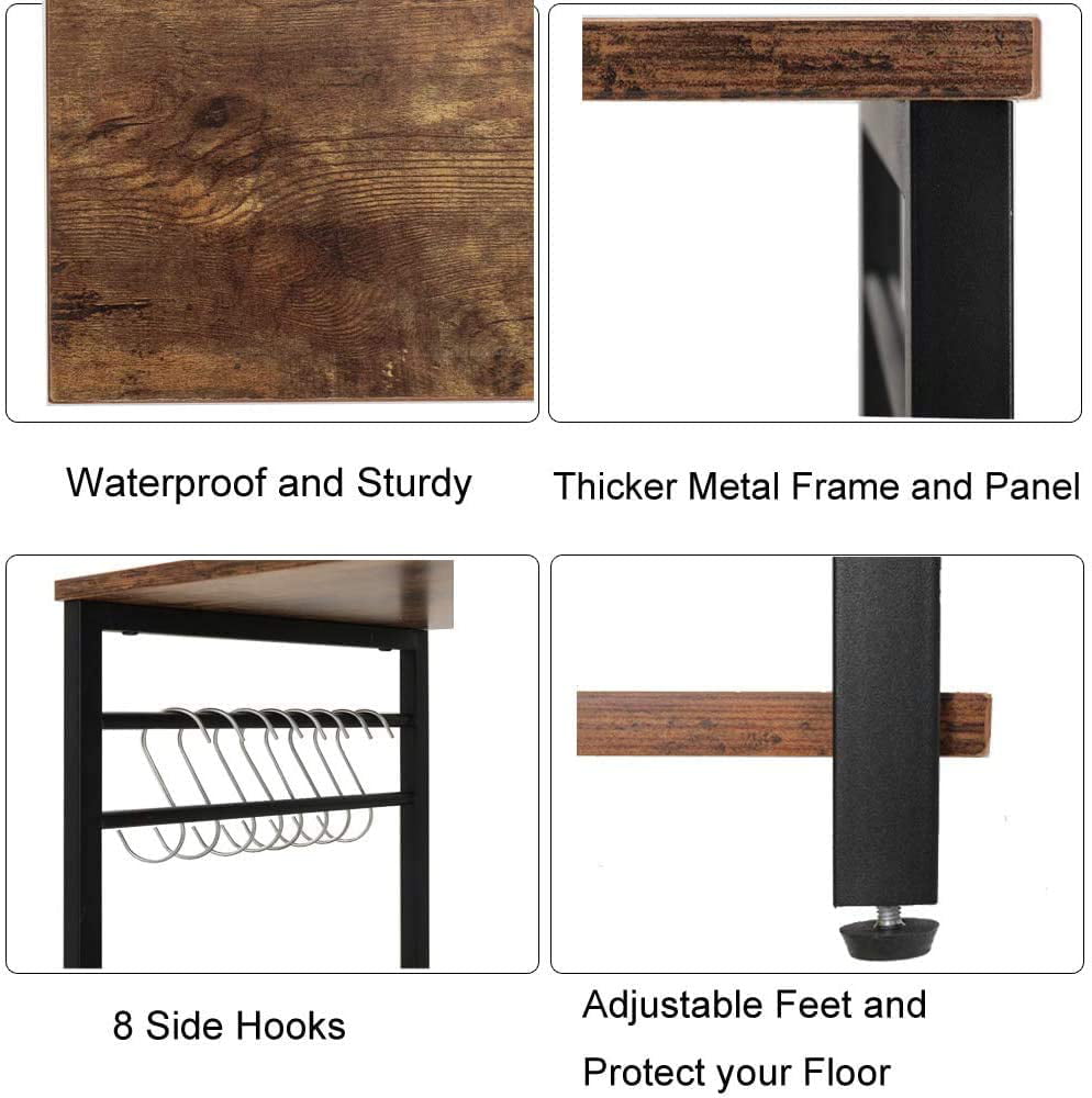 Kitchen Baker's Rack with Storage and 8 Hooks. 4 Tier Microwave Stand with Cabinet. Coffee Bar Station for Small Space. Rustic Brown