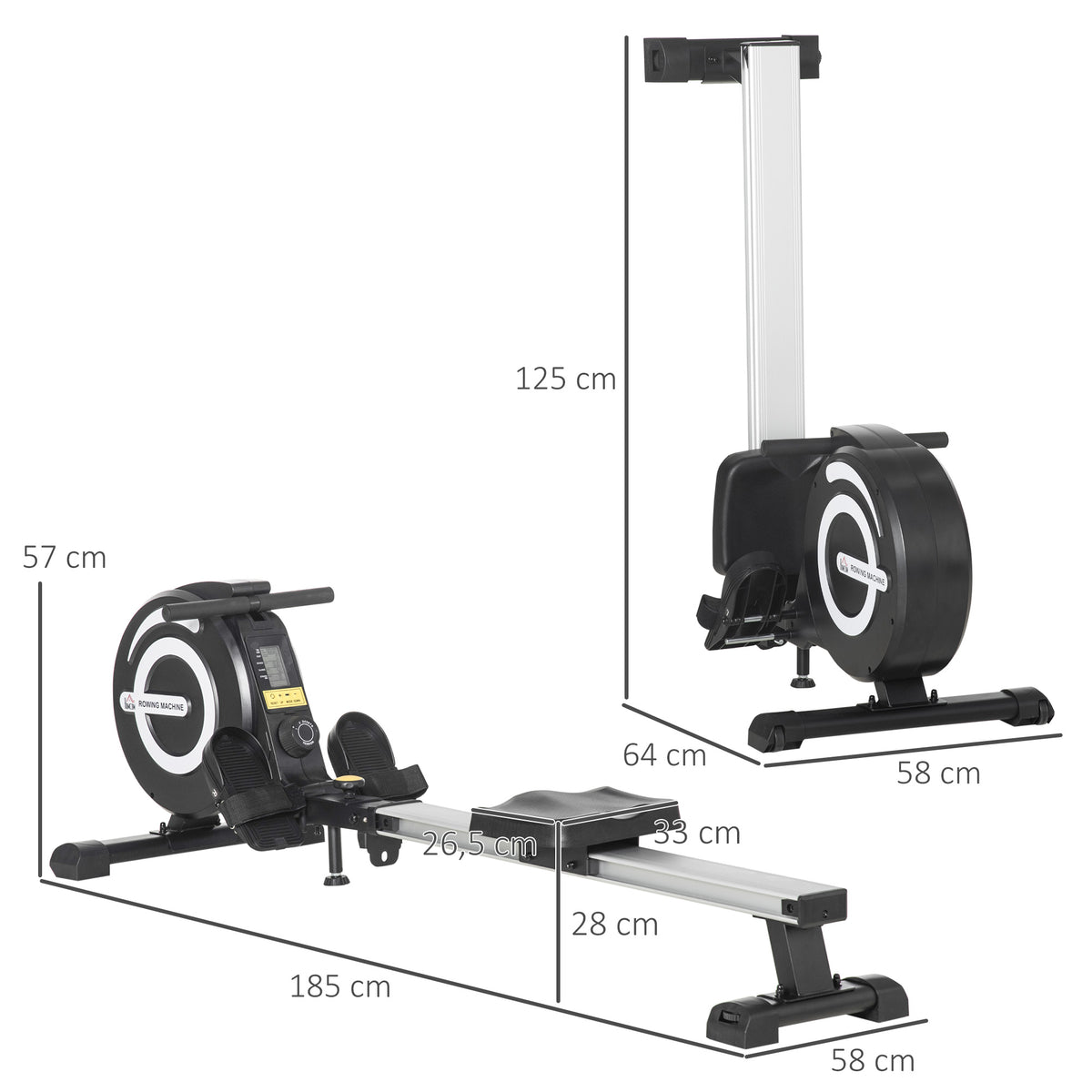 HOMCOM Rudergerät, klappbar, leiser Aluminiumrahmen, LCD-Monitor, 8 Stufen Widerstand, Schwarz/Silber