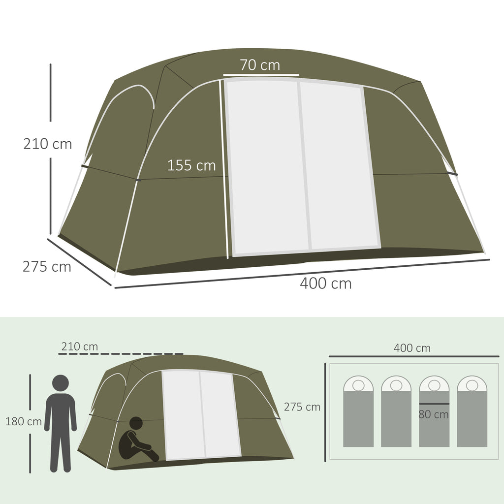 Outsunny Zelt für 4-8 Personen mit 2 Schlafzimmern 2 Aufbewahrungstaschen und Mesh-Fenstern 400x275x210 cm Grün