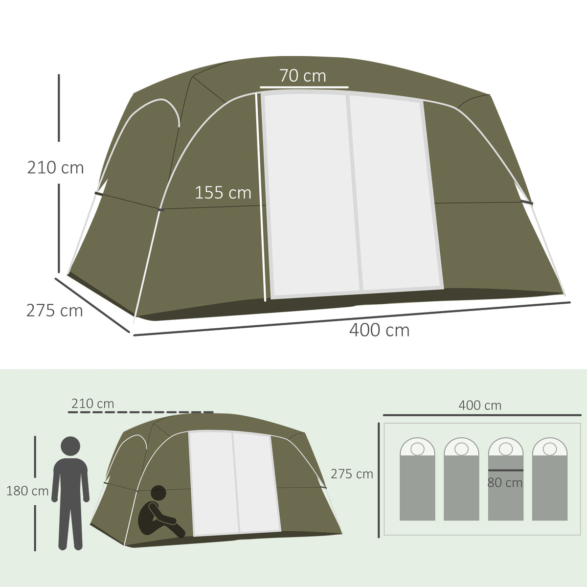 Outsunny Zelt für 4-8 Personen mit 2 Schlafzimmern 2 Aufbewahrungstaschen und Mesh-Fenstern 400x275x210 cm Grün