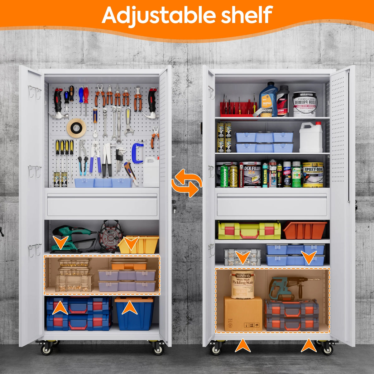 Aobabo Metal Storage Cabinet with Lock, Garage Storage Cabinet with Wheels, 72in Steel Storage Cabinet for Garage Home Storage, Black Required - Assembly