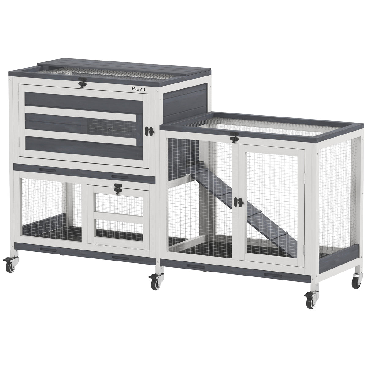 PawHut Kaninchenstall aus Massivholz 2 Etagen mit Rollen, 3 Tabletts, für 2-3 Kaninchen, 147 x 45 x 89,5cm, Grau