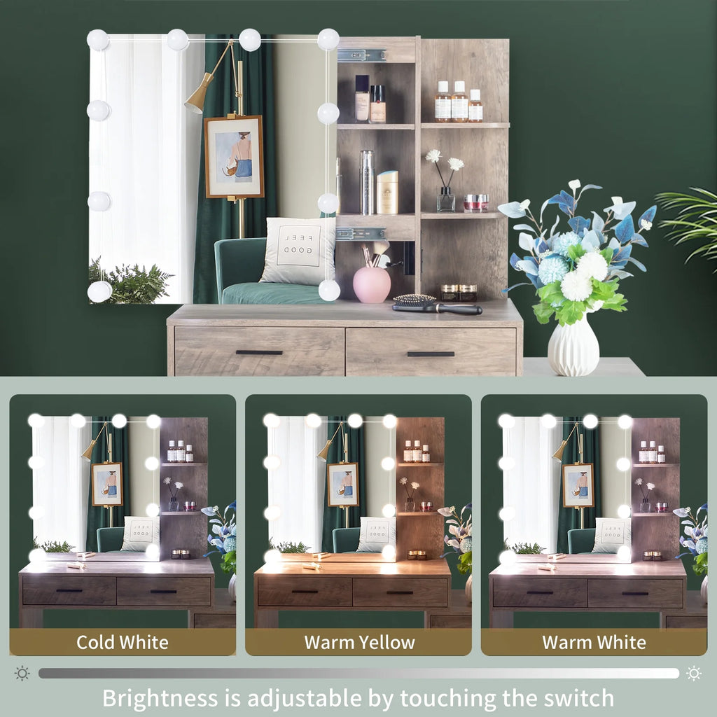 Ktaxon Vanity Set with 3 Color Lighted Mirror & Charging Station, Makeup Table with 3 Storage Shelves & Drawers, Dressing Table Makeup Desk with Stool, Retro Gray