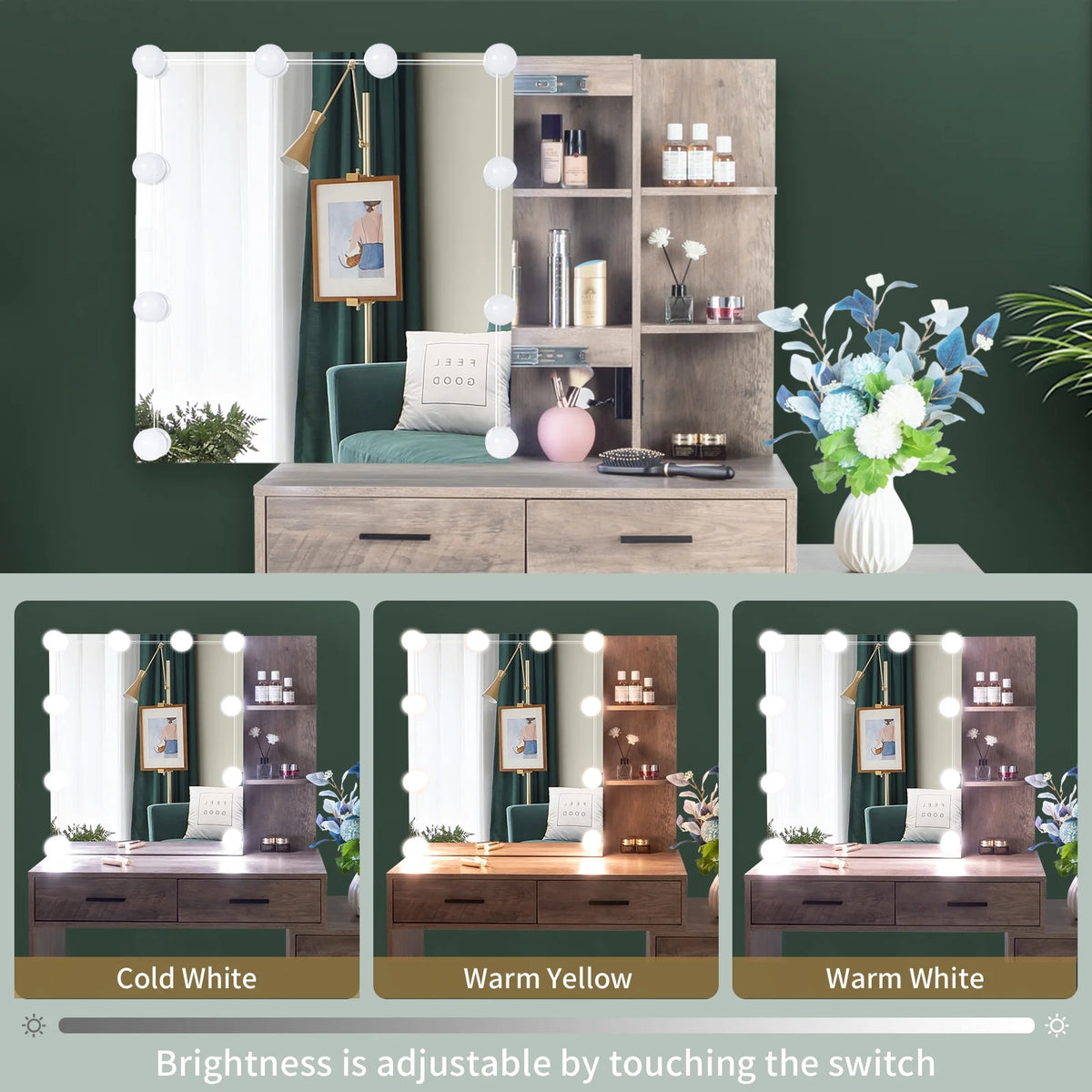 Ktaxon Vanity Set with 3 Color Lighted Mirror & Charging Station, Makeup Table with 3 Storage Shelves & Drawers, Dressing Table Makeup Desk with Stool, Retro Gray