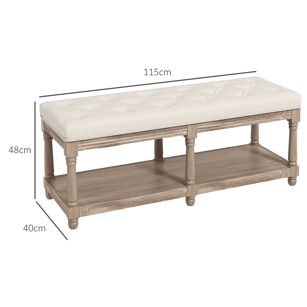 HOMCOM Sitzbank mit Stauraum, Vintage-Design, Knopfheftung, Kautschukbaumholz, 115x40x48cm, Cremeweiß