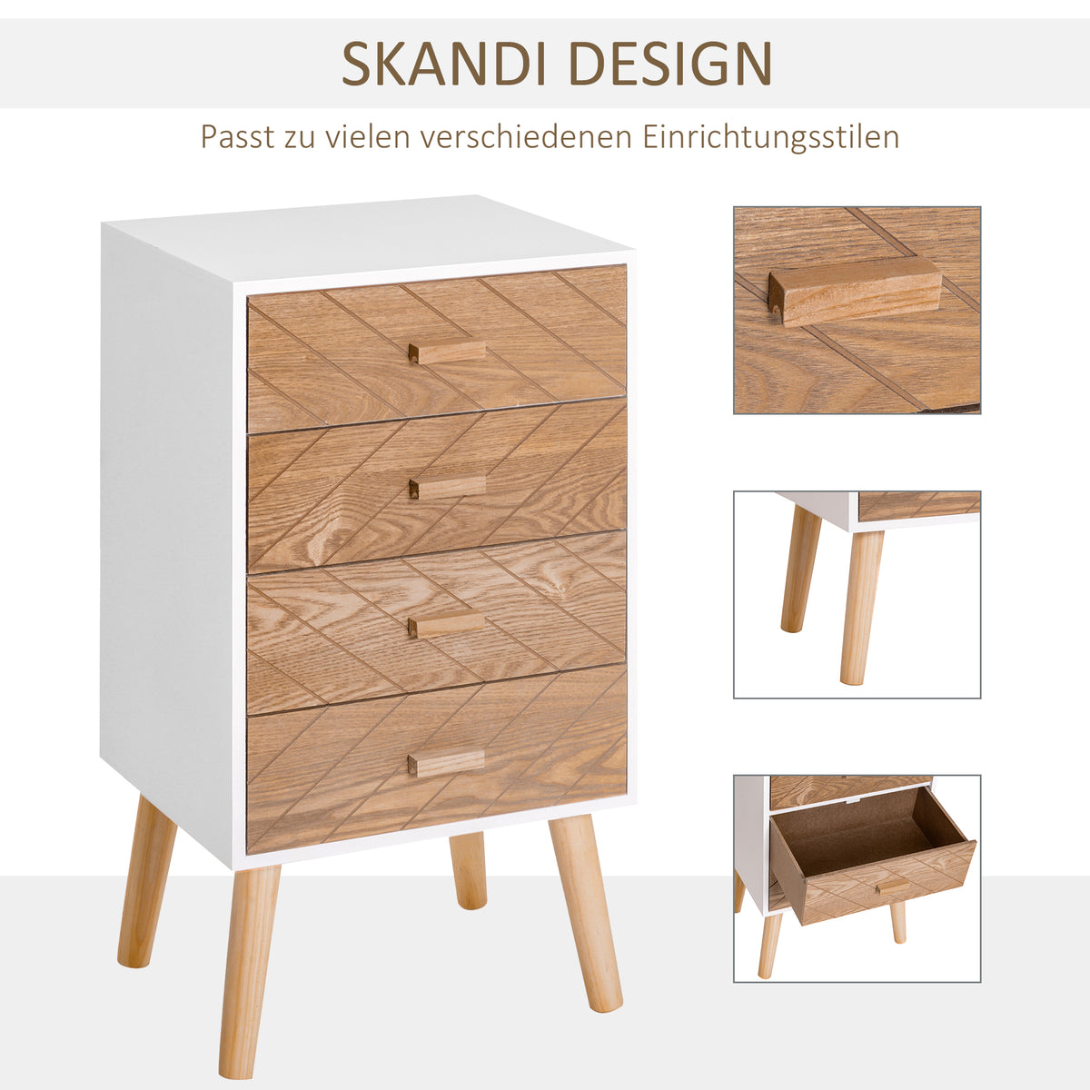 HOMCOM Nachttisch Nachtkommode Flurkommode mit Schubladen Holz weiß + natur 40 x 30 x 75 cm