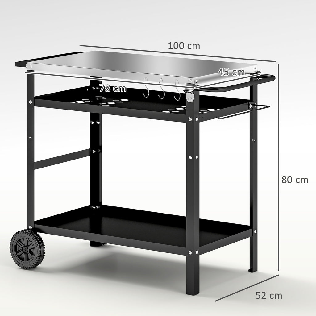 Outsunny Grillwagen 3-Etagen Servierwagen mit Arbeitsfläche Griffe Hülle Räder, BBQ Grilltisch Edelstahl 100x52x80cm Schwarz